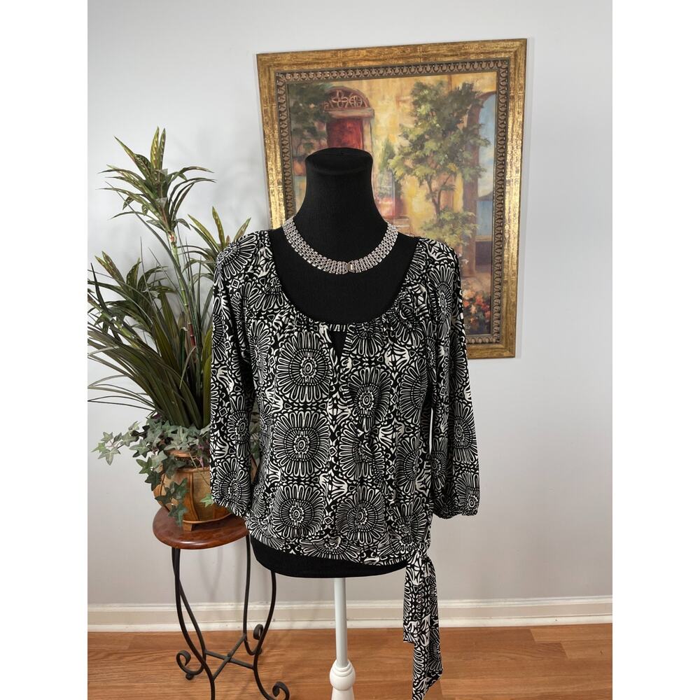 INC International Concept Blouse Top Womens PM Black White 3/4 Sleeve Monochrome